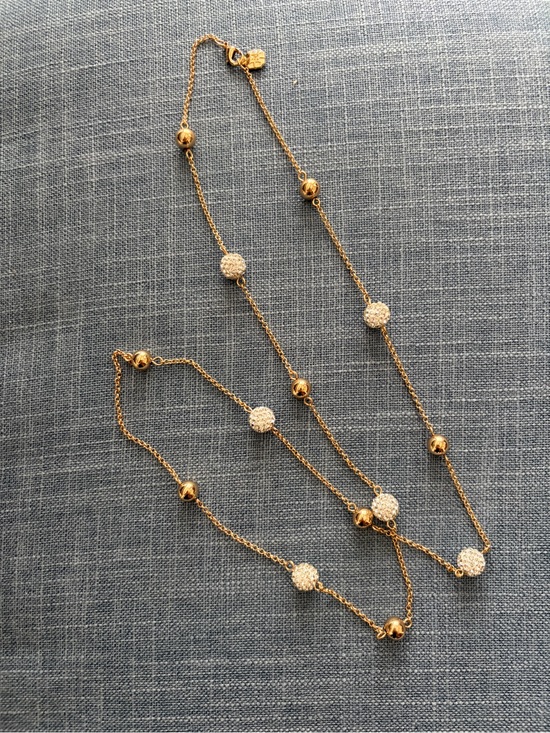 Jewelry - Gold Beaded Station Necklace with White Pavé Spheres